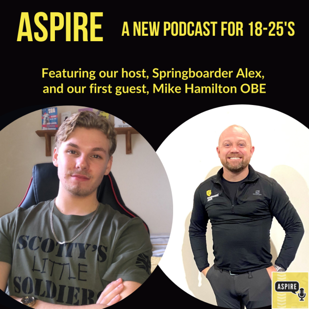Aspire podcast graphic featuring host, Alex, and guest, Mike