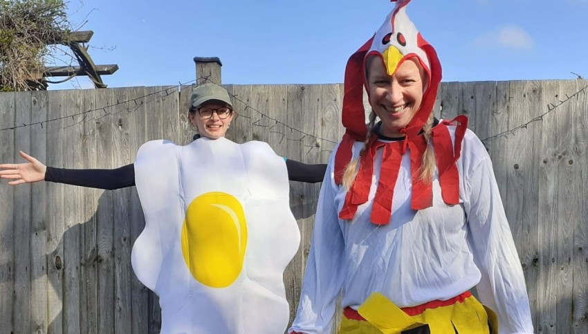 Jenny Beake and Annie Kelly dressed as a chicken and an egg